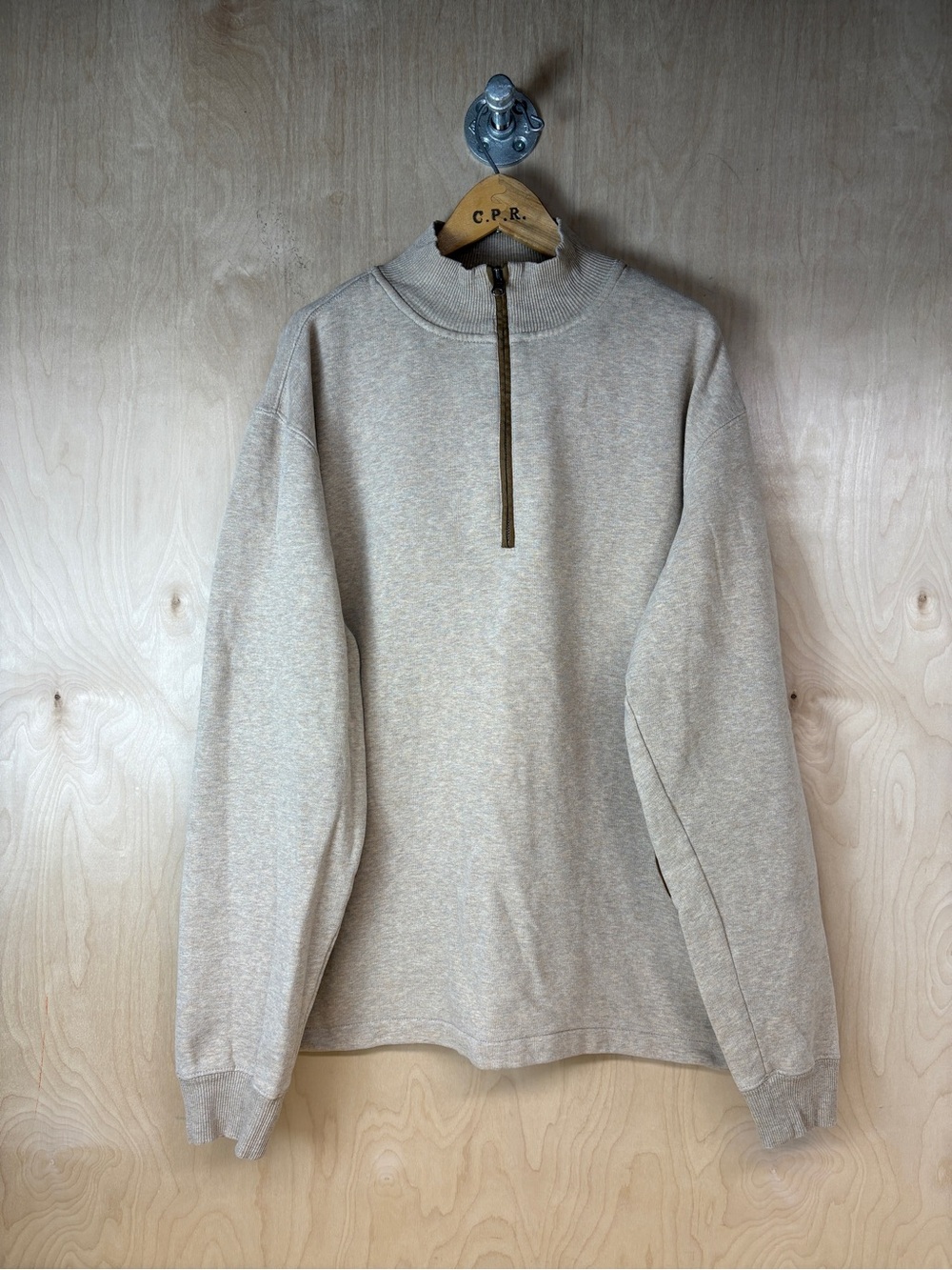 Woolrich Suede Elbow Patch Half-Zip Sweater in Heather Beige